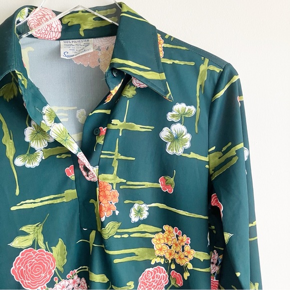PLS READ VTG Sears Womens Small Polyester Blouse Green Floral Print Long Sleeve - Picture 2 of 7